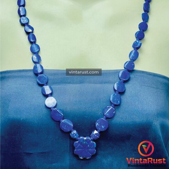 Lapis Lazuli Necklace, Handmade Beaded Pendant Necklace, Natural Blue Gemstone - Picture 2 of 10